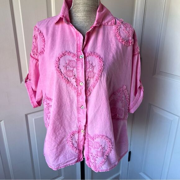 Made In Italy Pink Short Sleeve Cotton Button Down Size Large - Picture 1 of 5